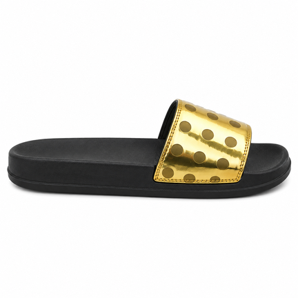 Sort slipper med guldfarvet metallic rem og prikmønster på hvid baggrund