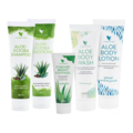 Aloe-Jojoba Shampoo, Aloe-Jojoba Conditioner, Aloe Body Wash, Aloe Body Lotion og Forever Bright Toothgel.