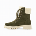 Olivengrøn damestøvle med lys sål, uldkrave og snørebånd