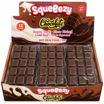 Squeezy Chocolate Squishy formet som en chokoladebar. Blød og klemmbar som fidget- og sanselegetøj. Du køber 1 stk.