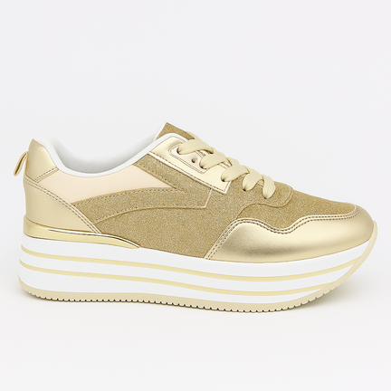 Guld platform-sneaker med glitterdetaljer og hvid/guld stribet plateau sål