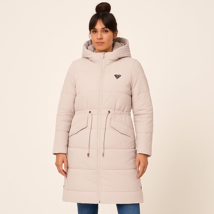 Lys beige damejakke med hætte, quiltet design og justerbar talje
