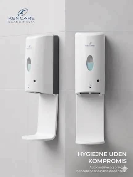 Automatisk hvid sæbedispenser fra Kencare Scandinavia monteret på en væg med integreret drypbakke.
