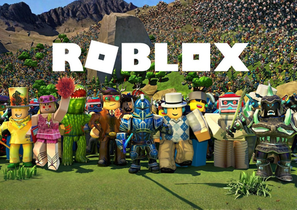 Roblox A4 kageprint med stor farverig figurgruppe, riddere og hvidt logo i bjerglandskab