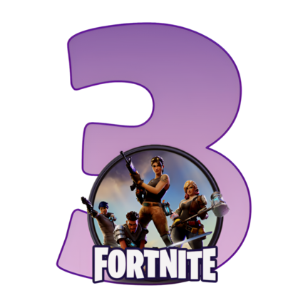Rundt Fortnite sukkerprint med lilla 3-tal og heltegruppe