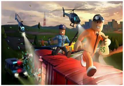 Roblox A3 sukkerprint med røver på tog, politibetjent, helikoptere og politibiler ved solnedgang