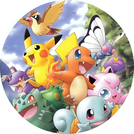 Pokémon-inspireret rundt kageprint med klassisk gruppe motiv