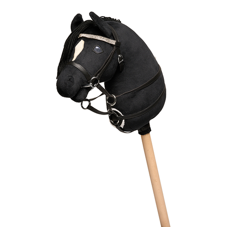 Cheval Roi Coco med martingal og trense til kæphest i sort med sølv og lyserød simili.