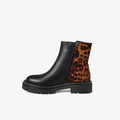 Sort ankelstøvle i læderlook med leopard hælkappe og sølv lynlås