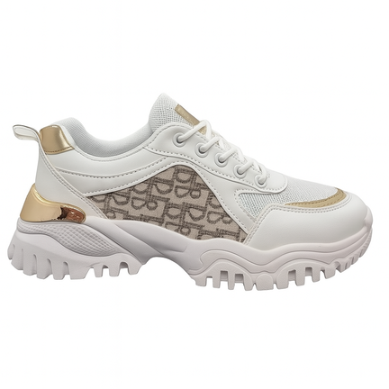 Chunky hvid damesneaker med beige monogrammønster og gyldne detaljer
