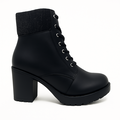 Sort ankelstøvle med blokhæl, snørelukning og lynlås