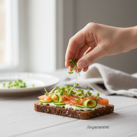 Hvid senneps-mikrogrønt drysses over et åbent smørrebrød