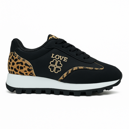 Sort sneaker med leopardprint, LOVE-logo og kraftig sål