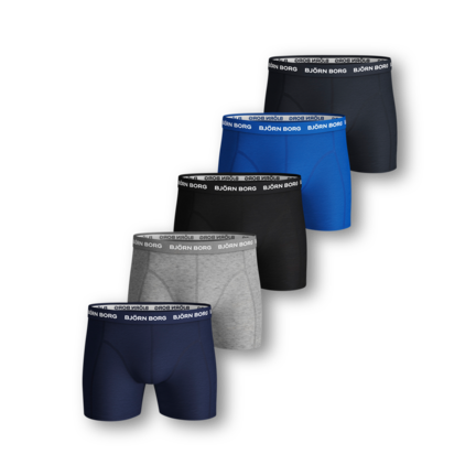 Björn Borg boxershorts 5-pak. Farverige valgmuligheder for enhver dag. Inkluderer et blåt, et gråt, et sort, et lyseblåt og et mørkeblåt par. Hovedstof: 95% bomuld, 5% elastan.