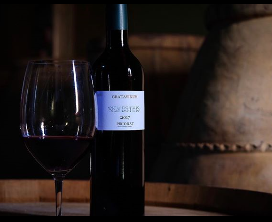 Mørkt billede af en flaske af naturvinen Silvestris, som står i midten af billedet. Til venstre for Silvestris står et glas med rødvin - og til højre kan man ane en amfora, da Silvestris bl.a. lagres på amfora. Flasken er mørk med en hvid label.