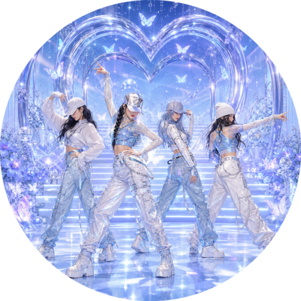Rundt K-pop sukkerprint med isblåt dansehold foran stort krystalhjerte
