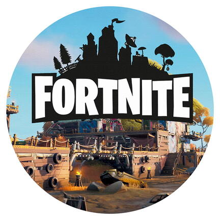 Rundt Fortnite sukkerprint med stort logo og farverig arena