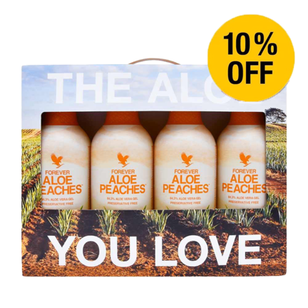 Sampak med 4 stk. Forever Aloe Peaches Aloe vera juice drik med 10% rabat