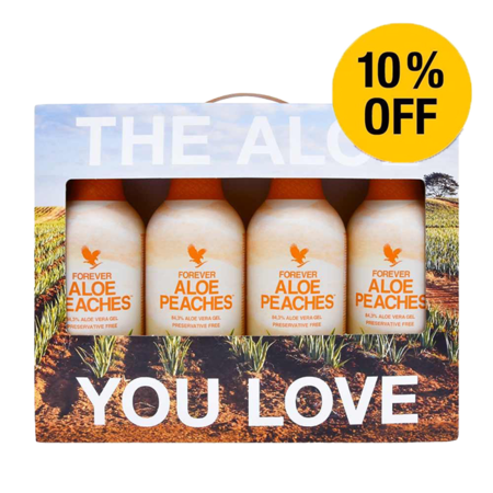 Sampak med 4 stk. Forever Aloe Peaches Aloe vera juice drik med 10% rabat