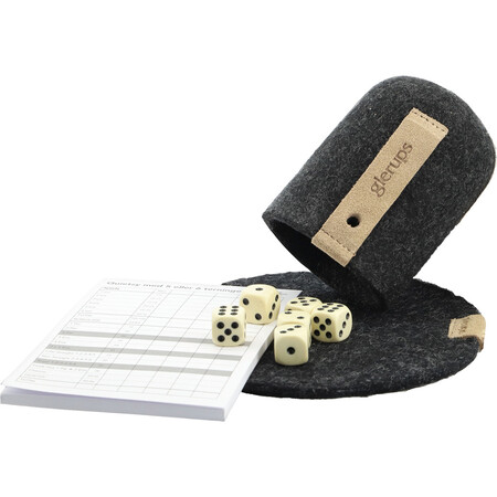 raflebaeger og tergning og yatzyblok fra glerups i farven koks graa