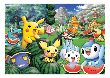 Pokémon sukkerprint med Pikachu og søde Pokémon, der spiser vandmelon i naturen til børnefødselsdag.