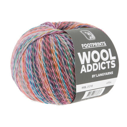 Lang Yarns Wool Addicts Footprints strømpegarn nr. 18 – farverigt sokkegarn med levende striber i rosa, lilla, blå og koral