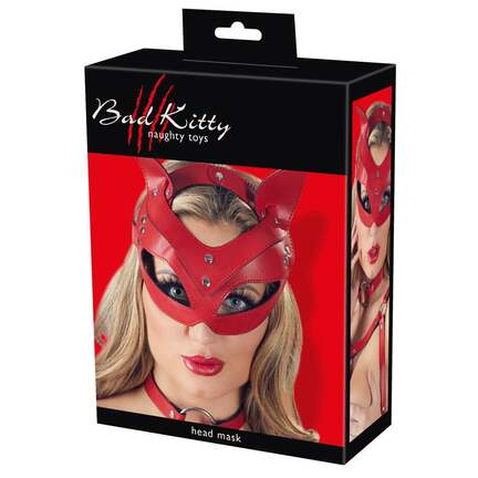 Bad Kitty Cat Mask i rød – erotisk kattemaske til rollespil, dominans og BDSM, fleksibelt materiale, frækt og elegant design.