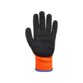 Et billede af indersiden af Norse Polar arbejdshandskerne, hvor tekstilet i sort og orange fremhæves. Dette viser handskernes komfortable og slidstærke indre materiale.