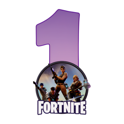 Rundt Fortnite sukkerprint med lilla 1-tal og heltegruppe