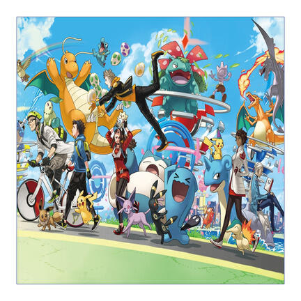 Kvadratisk Pokémon-inspireret kageprint med trænere og stor gruppe udendørs