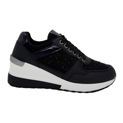 Sort sneaker med kilehæl og glittereffekt