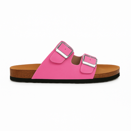 Pink damesandal med dobbelte sølvspænder og korksål