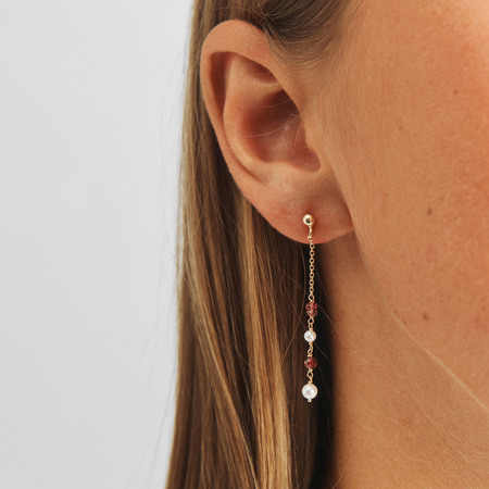 Rosea earrings in 14-carat gold with tourmaline and cultured pearls, as shown