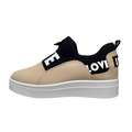 Beige dame sneakers med sort LOVE print og hvid platform sål