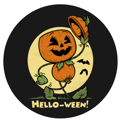 Rundt Halloween sukkerprint med sød gående græskarfigur, som bærer et mindre jack-o'-lantern, og teksten HELLO-WEEN!