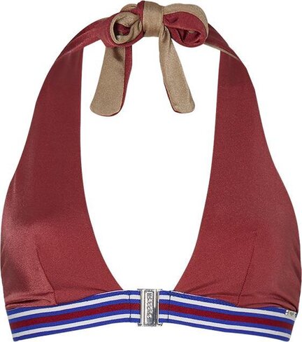 En rød halterneck-bikinitop med et solbrunt bånd i nakken og et blåt, hvidt og rødt stribet bånd med spænde foran.