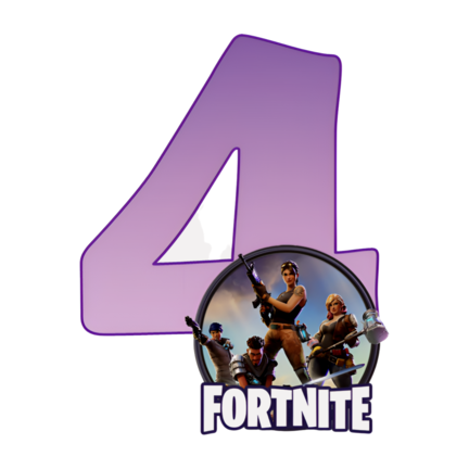 Rundt Fortnite sukkerprint med lilla 4-tal og heltegruppe