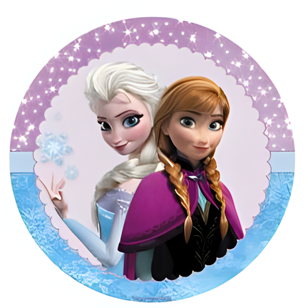 Frozen sukkerprint rundt med Elsa, Anna og snefnug til børnefødselsdagskage