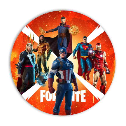 Rundt Fortnite sukkerprint med superheltehold på rød baggrund