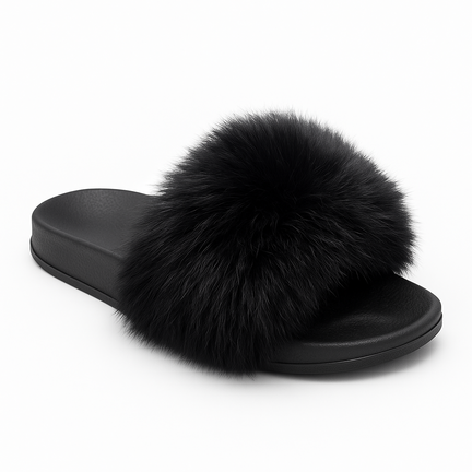 Sort slipper med fluffy pels – stilfuld og komfortabel hjemmesko.