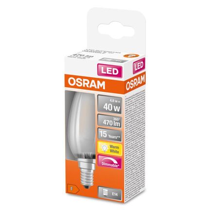 Mat og dæmpbar Osram E14 LED kertepære i stearinlys-form – blændfri pære perfekt til lysekroner fra BigOutlet.