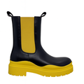 Dame Chelsea-boot i sort med gule elastikpaneler og chunky gul sål