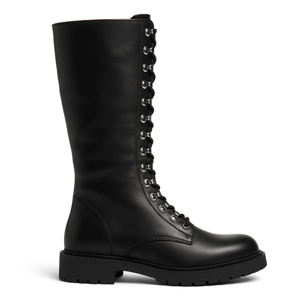 Sort knæhøj læderstøvle i profil med metaløjer og snørebånd