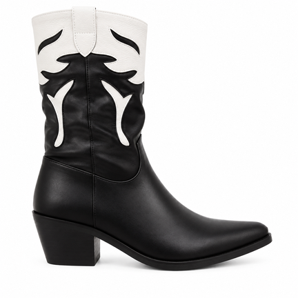 Sort & Hvid Cowboystøvle Dame – Westernlook m. Hæl