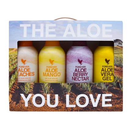 4-pak med 4 forskellige Aloe Vera drik smage