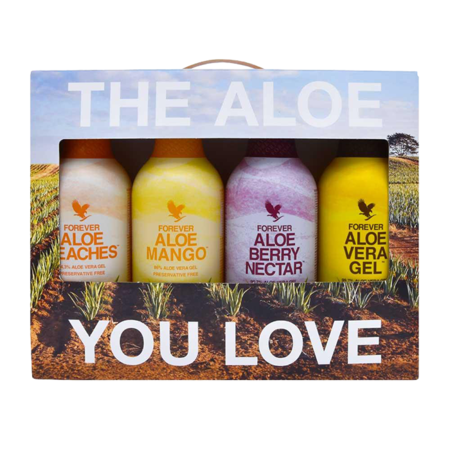 4-pak med 4 forskellige Aloe Vera drik smage