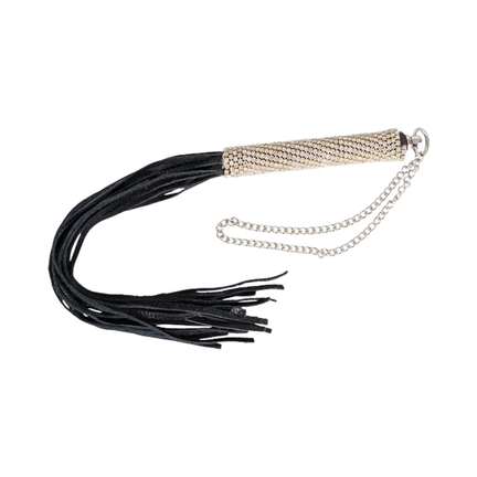 Elegant flogger 40 cm med metalhåndtag og bløde sorte frynser – let pisk til sanseleg.