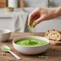 Kinakåls-mikrogrønt drysses over en grøn suppe