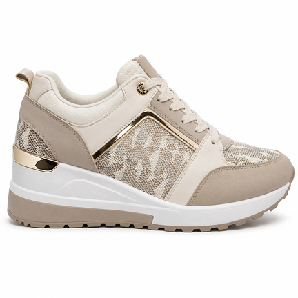 Beige dame sneaker med monogram og gulddetaljer