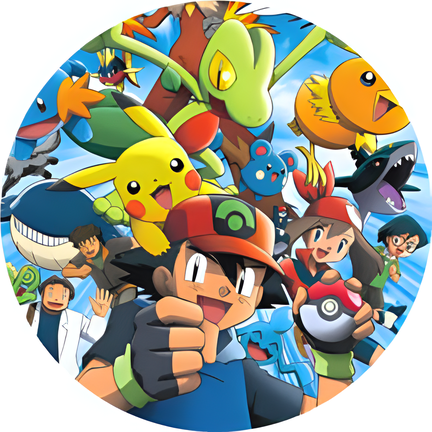 Pokémon-inspireret rundt kageprint med farverigt gruppe motiv til børnefødselsdag og gamingfest
